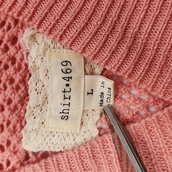 Shirt 469 Large Crochet Pink Linen/Cotton Hooded Kangaroo Pocket Pullover - Picture 2 of 8